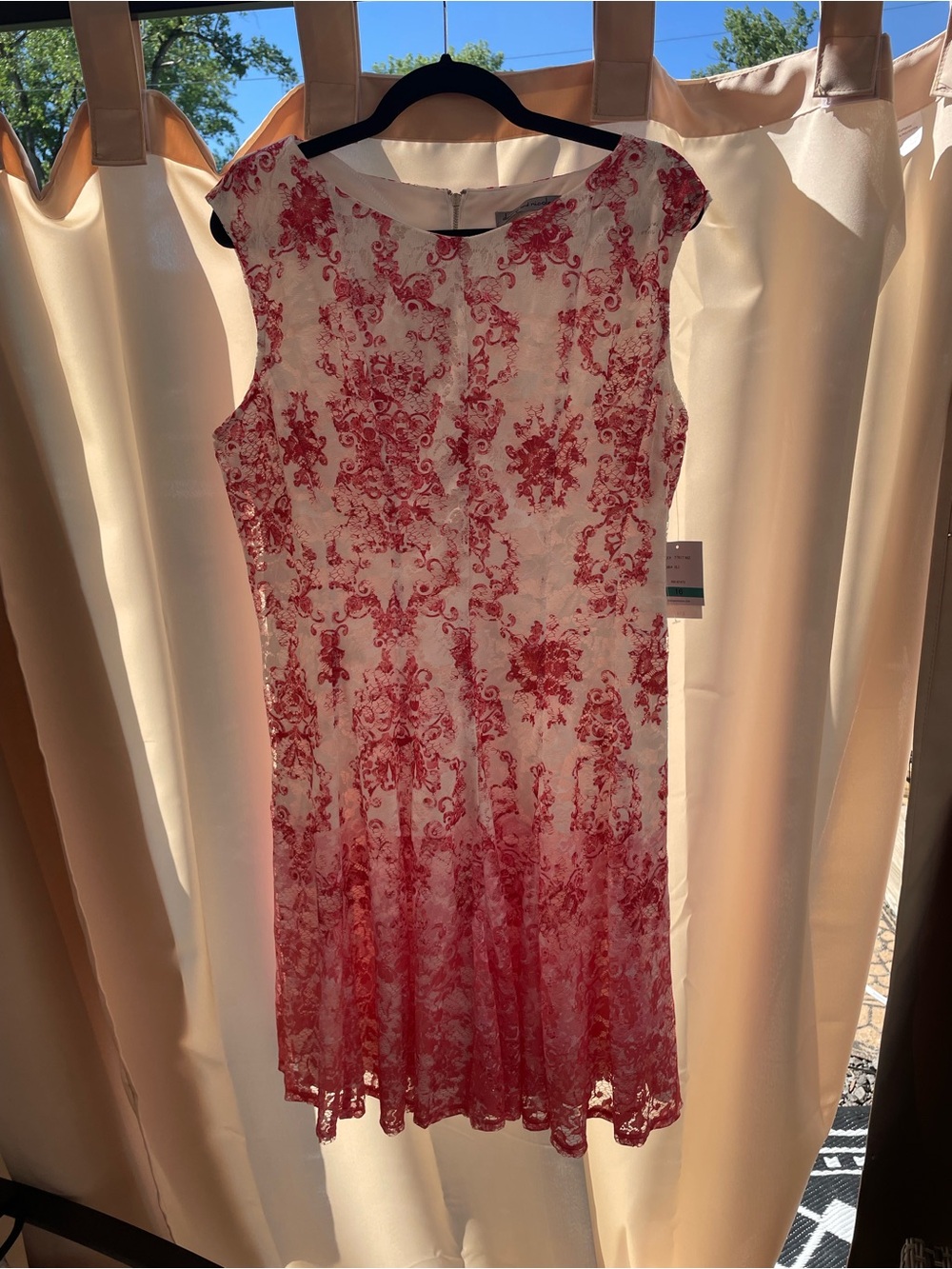 Danny & Nicole Cream Dress with Red Floral Lace Overlay